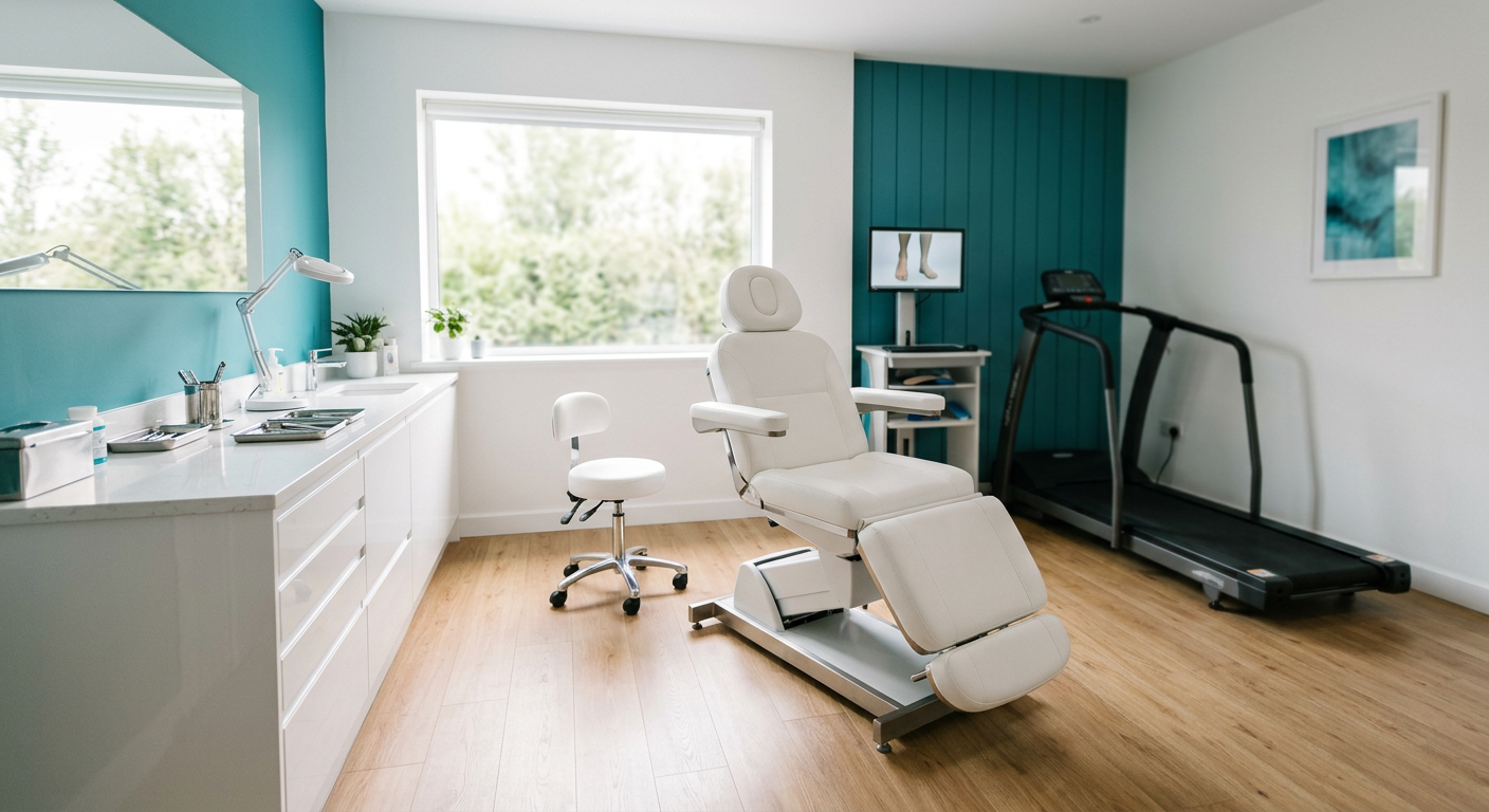 Bright, modern podiatry treatment room with an adjustable treatment chair and gait analysis treadmill